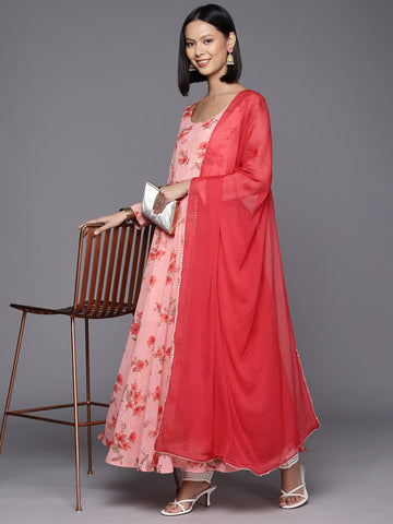 Pink Floral Printed Anarkali Kurta Paired With Solid Dupatta
